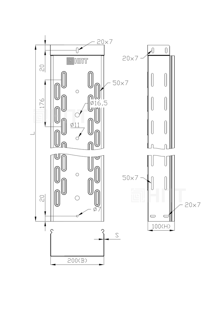 Лоток перфорированный LLP 200х100х3000 (1,2 мм) нержавеющая сталь, усиленный замок Лоток перфорированный LLP 200х100х3000 (1,2 мм) нержавеющая сталь, усиленный замок