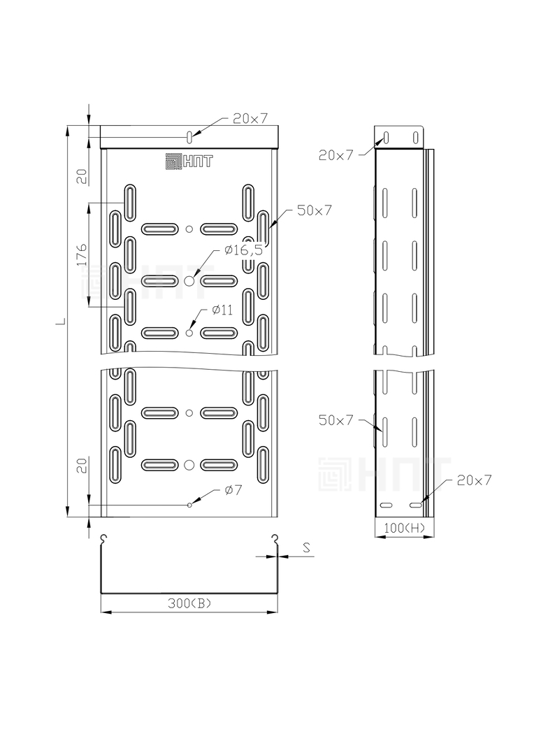 Лоток перфорированный LLP 300х100х3000 (1,0 мм) окрашенная сталь, усиленный замок Лоток перфорированный LLP 300х100х3000 (1,0 мм) окрашенная сталь, усиленный замок